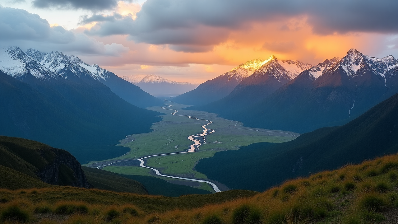 Paisaje majestuoso de la Patagonia argentina con montañas nevadas y valles verdes
